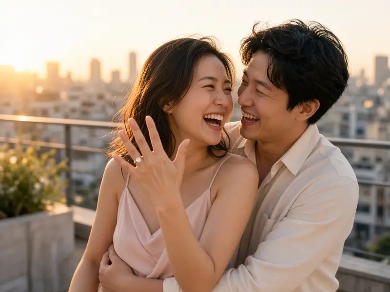 A newly engaged couple laughing together on a rooftop at sunset as she holds up her hand to show her diamond ring