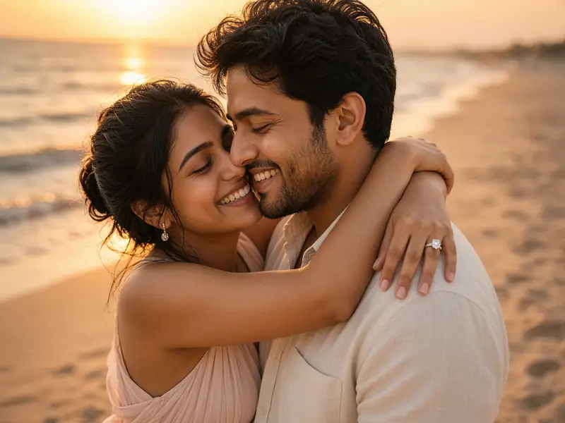 A smiling couple embracing on a beach at golden hour, her diamond engagement ring visible on his shoulder